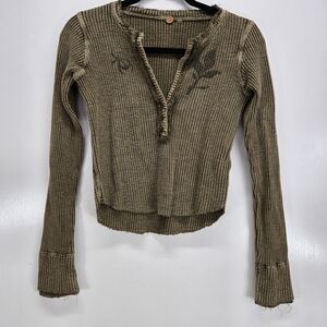 Free People One Colt Thermal Waffle Henley Round Edge Green Womens‎ XS Y2K Top